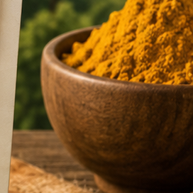 Stone-ground turmeric in a wooden bowl