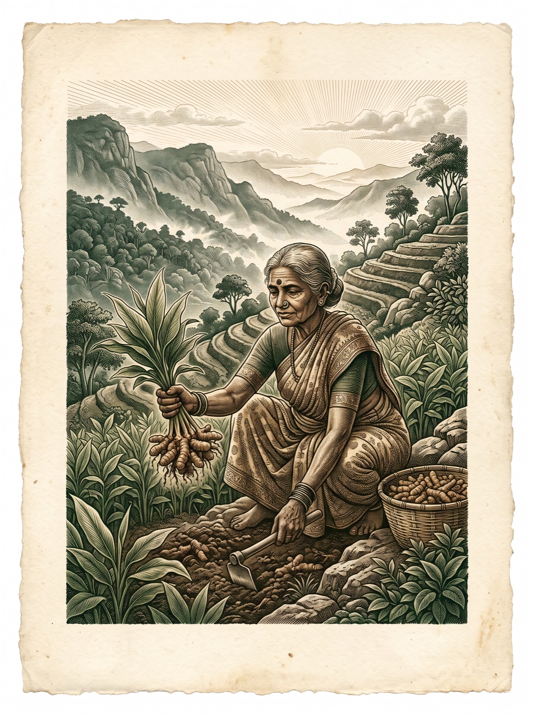 Engraving of a farmer harvesting in the Ghats